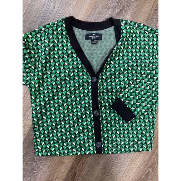 Andrew Marc Sport Green & Black Geometric Pattern Button-Up Preppy Cardigan L - Picture 2 of 5
